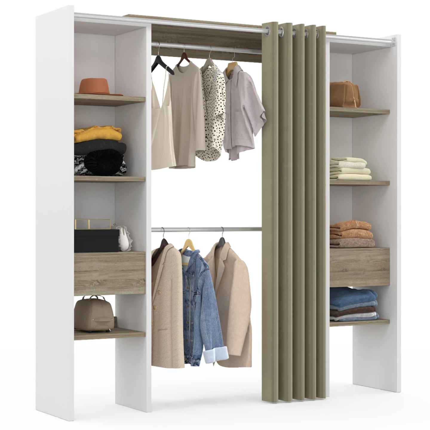 Dressing extensible double MERYL 120/180 x 50 x 180 cm blanc avec étagères hêtre + double penderie + rideau taupe