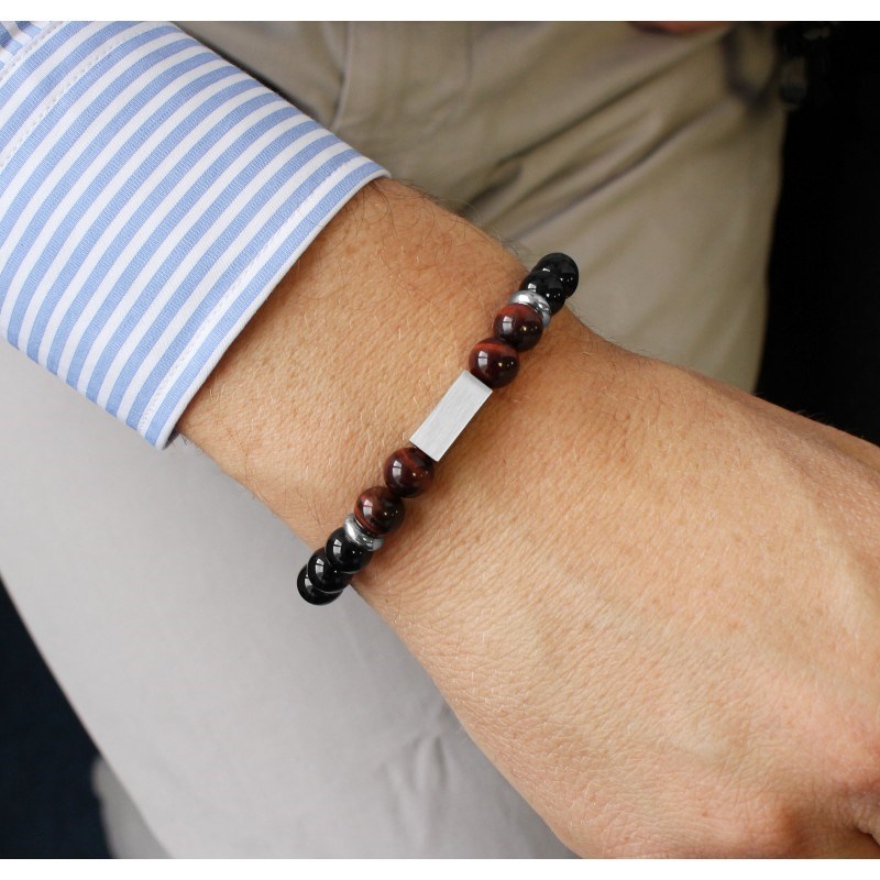 Bracelet perles agates noires et oeil de taureau homme - gravure BEST DAD