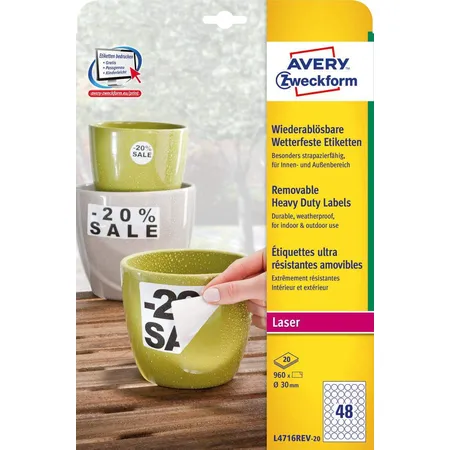 Avery Zweckform L4716REV-20 Wiederablösbare, wetterfeste Etiketten, Ø 30 mm, 20 Bogen/960 Etiketten, weiß