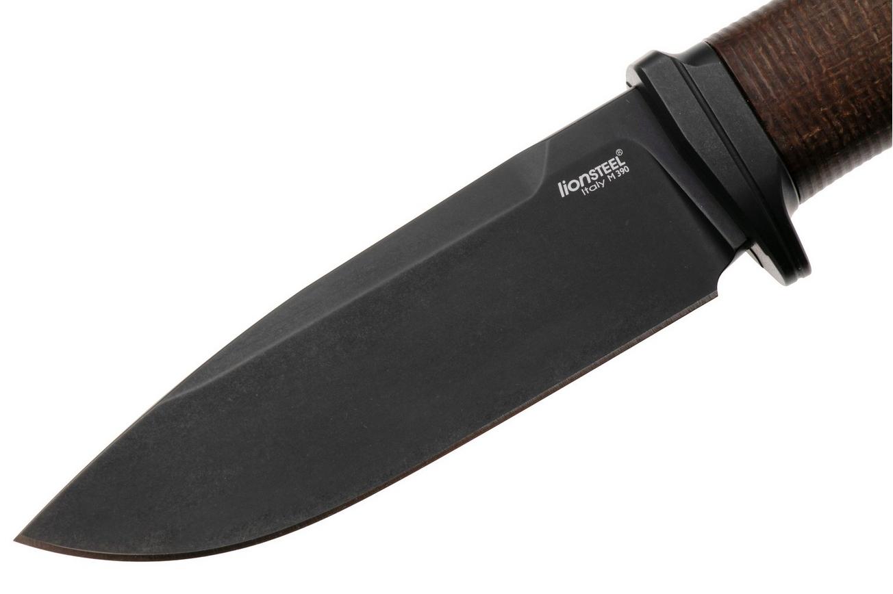 LionSteel Acha AH B BLN Blackwashed M390, Natural Burlap Micarta, Black Titanium Guard, vaststaand mes
