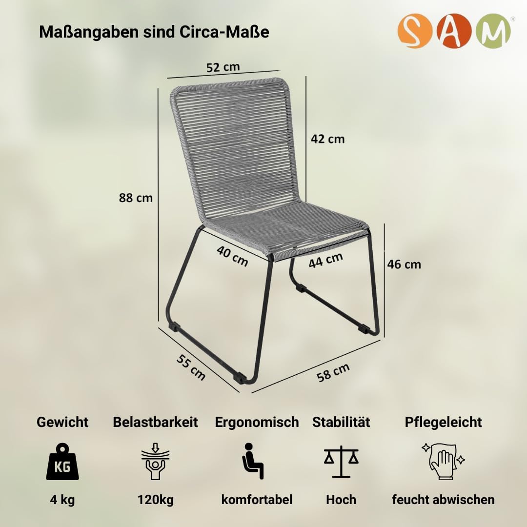 Loreno 6er Set Outdoor Seilstuhl ISRA – Stapelbare Gartenstühle mit Grauer Seilbespannung aus Polyester & schwarzem Eisen-Gestell – Modernes Rope Chair Design für Garten, Balkon & Terrasse, Schwarz