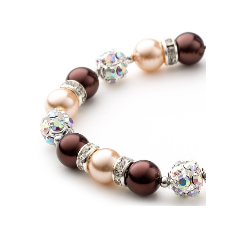 Bracelet 1 Rang en Perles Marron, Cristal et Plaqué Rhodium