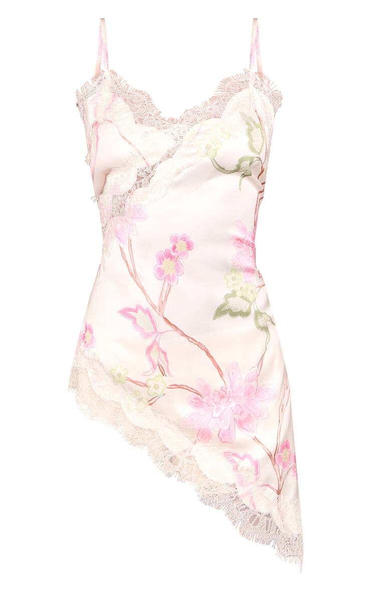 Multicolore Haut Long Asymétrique En Satin Fleuri Avec Détails En Dentelle