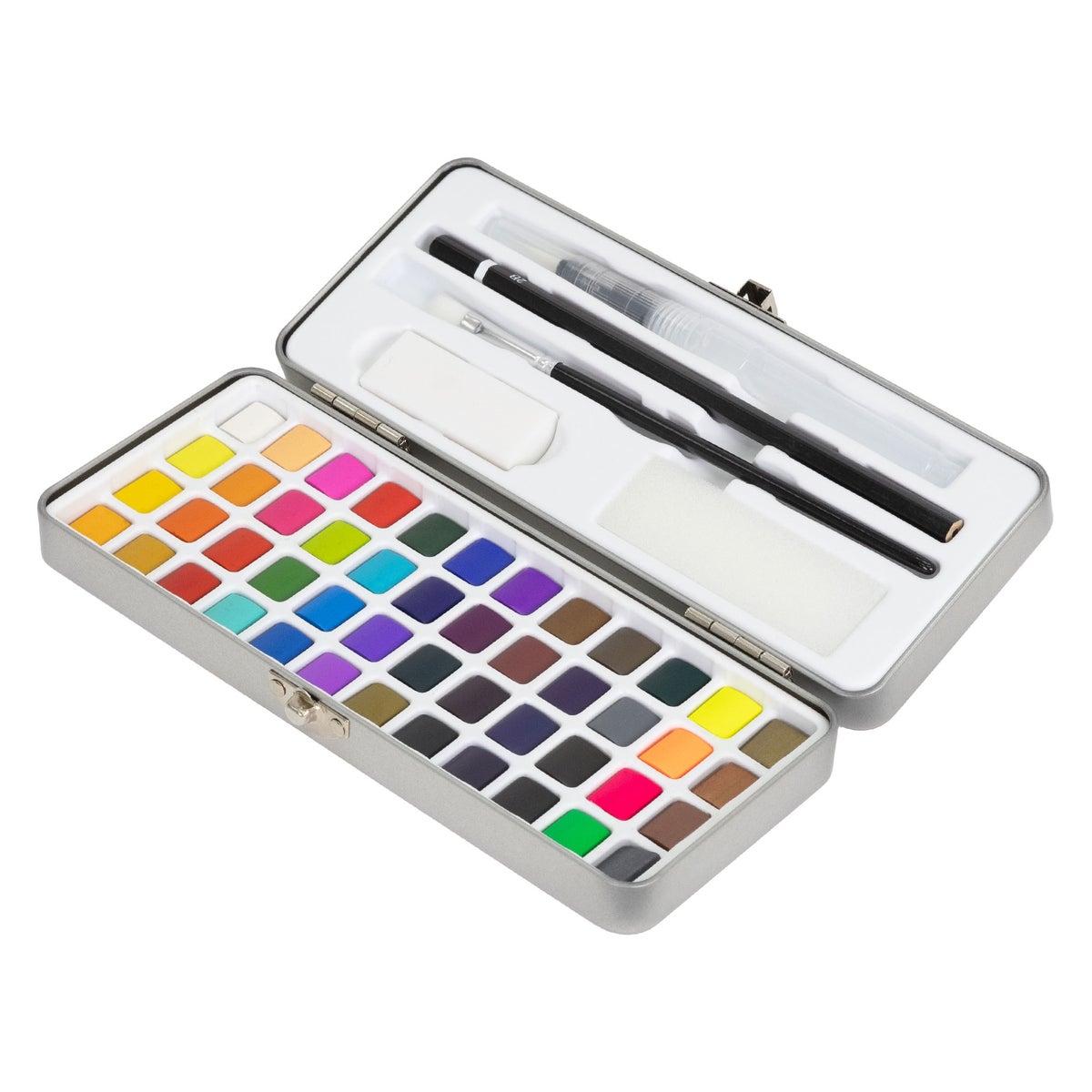 ECD Germany Waterverfset, 48 kleuren in een draagbare doos, inclusief penselen, 2B-potlood, aquarelpotlood, gum, spons, volledig aquarelpalet, verfdoos, aquarelset voor beginners en professionals