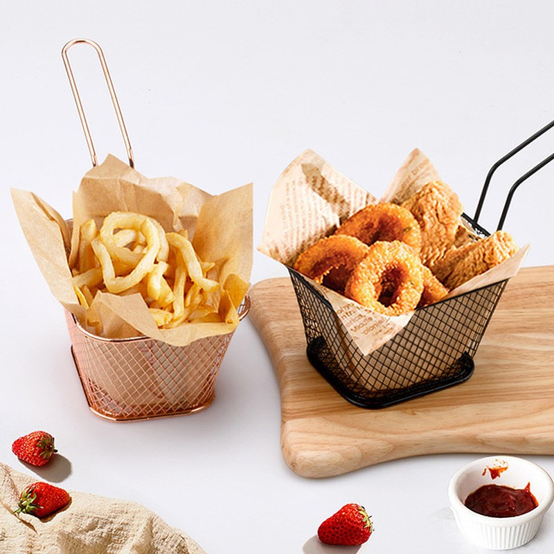 (10x8cm) Mini Frittier Korb Pommes Frites Servier Sieb Fritteusen Schale mit Griff - Silber