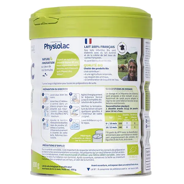 Fórmula infantil espessada Physiolac Organic Milk Etapa 2, 800g