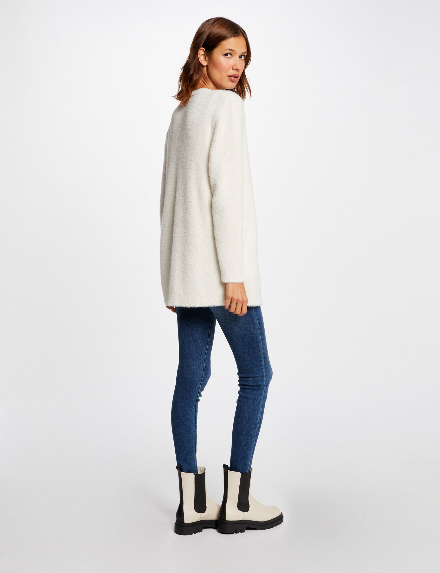 Gilet long maille duveteuse ivoire femme - ivoire