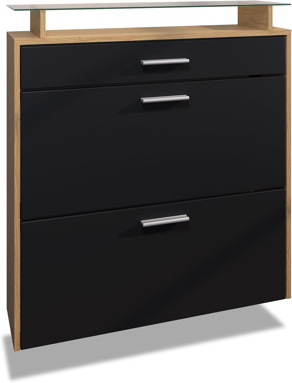 Vladon Schuhschrank Malea, hängender Schuhkipper für 16 Paar Schuhe mit 1 Schublade, Schuhregal in Eiche Skandi/Schwarz matt (89 x 95,5 x 23 cm)