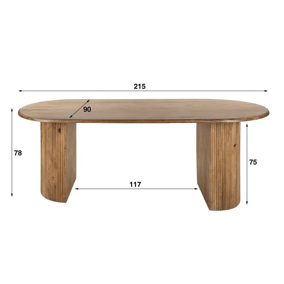 Eettafel Deens Ovaal - Naturel Mangohout - 215x90x78cm - wave
