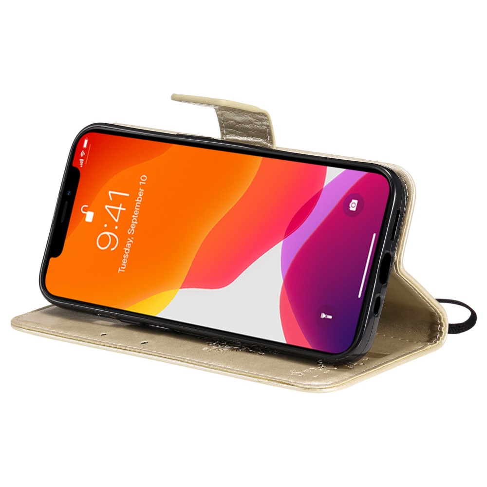 iPhone 14 Leder Tasche Flip Cover Baum Imprint - Gold