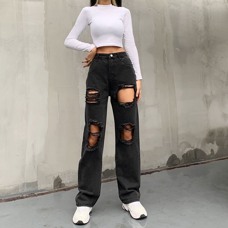 Genrovia - Hoge taille jeans met rechte pijpen en distressed look