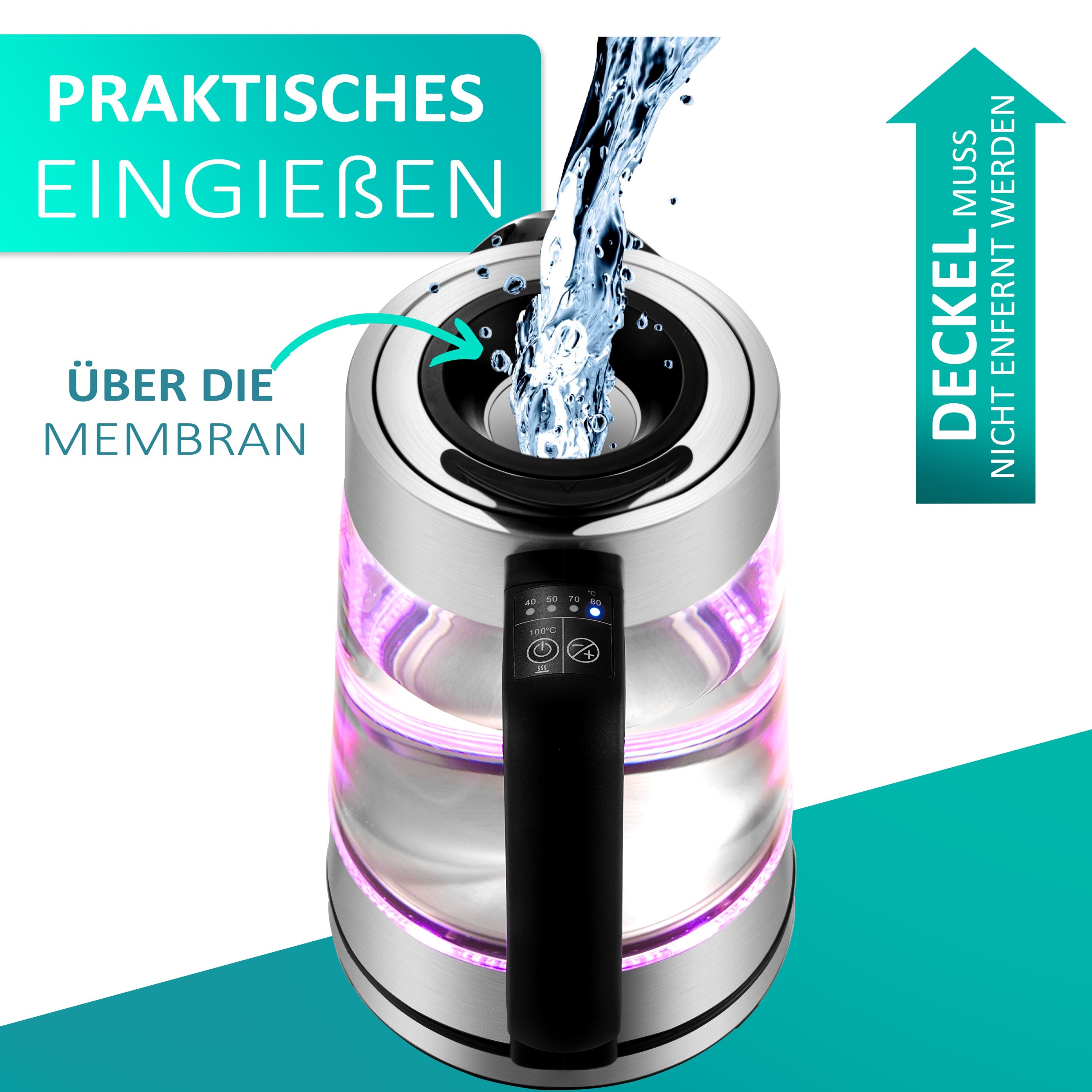 Ecosa Glas Wasserkocher Temperatureinstellung Easy Fill LED 1.7L