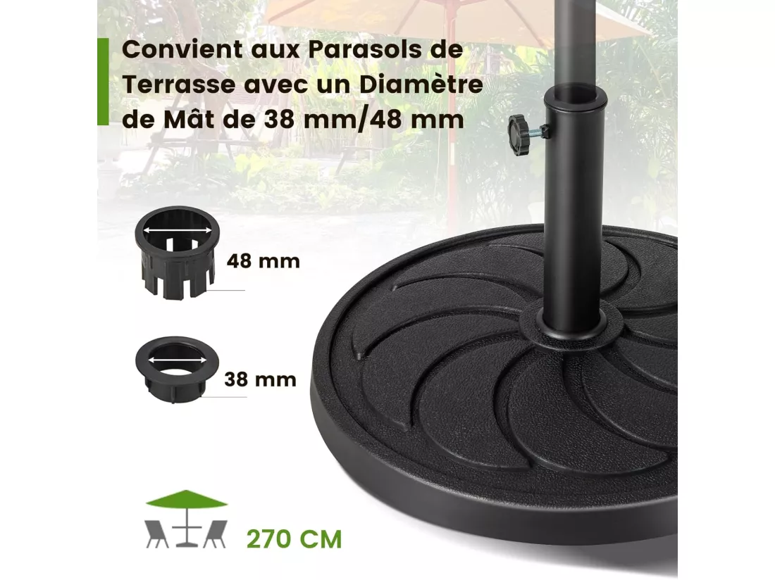 Pied de Parasol Déporté φ54CM 18KG, Base de Parasol en Résine pour Parasol 38/48 mm, Tuyau en Métal, Lestage de Parasol pour Balcon, Jardin, Patio, Terrasse, Piscine
