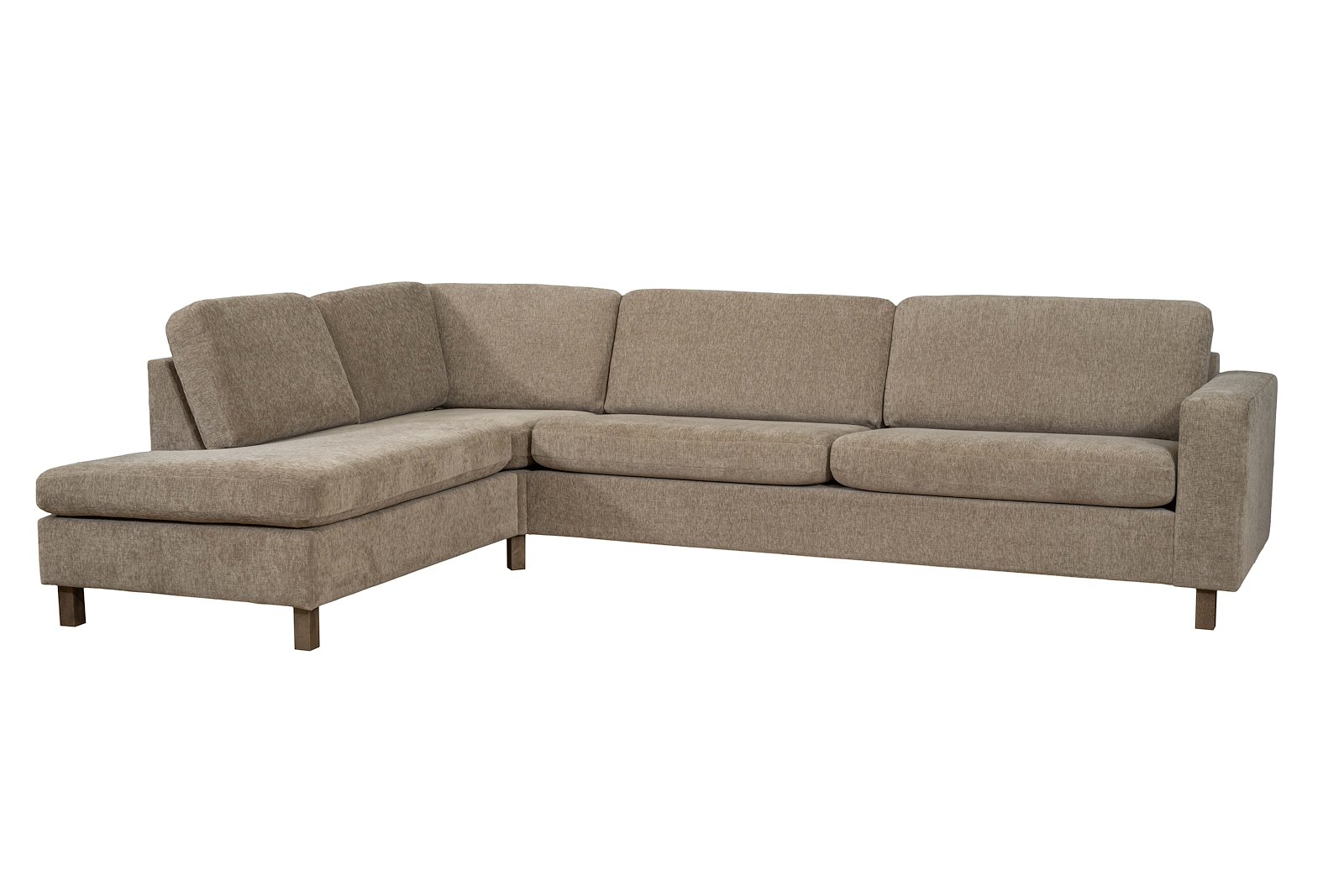 Ellinor hjørnesofa Oppsett SV. 3,5-seter med åpen ende venstre. Tekstil Paloma 1/24 Brown Grey. Arm 1, Duo puter, Firkantet ben 12 cm Mocca