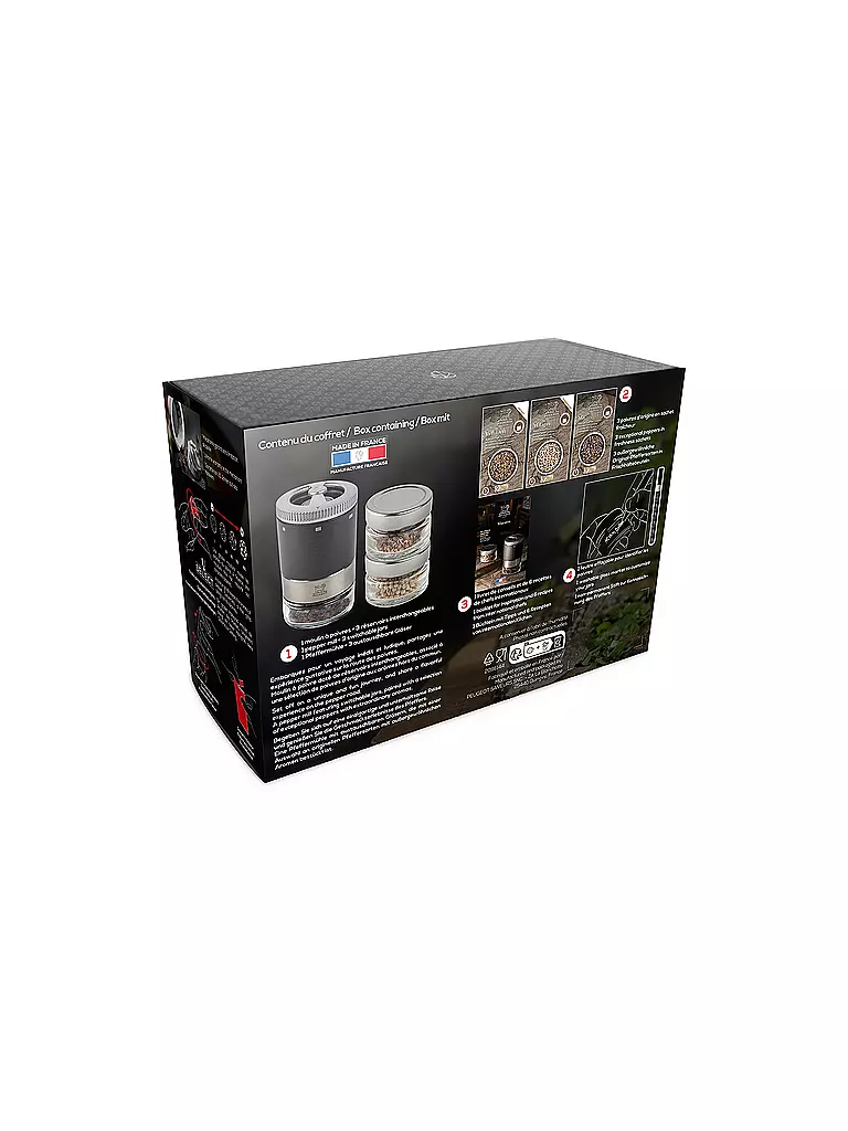 PEUGEOT Pfeffermühle U'Select, Pfefferbar, inkl. 3 Premium-Pfeffern im Vorratsglas, Rezeptbuch & Stift zur Beschriftung Schwarz Ma  schwarz