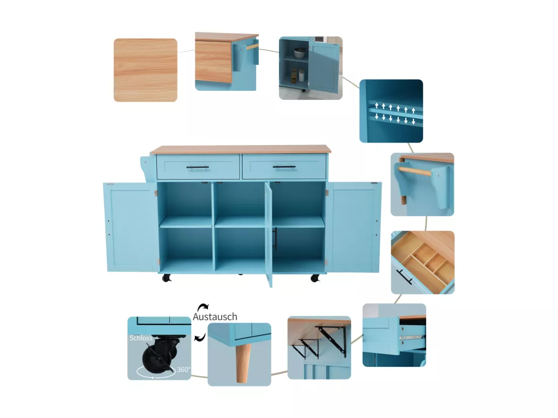 Desserte de cuisine, Chariot de table 129x76x91,5cm, plateau rabattable, étagères intérieures, îlot de cuisine, blanc + bleu