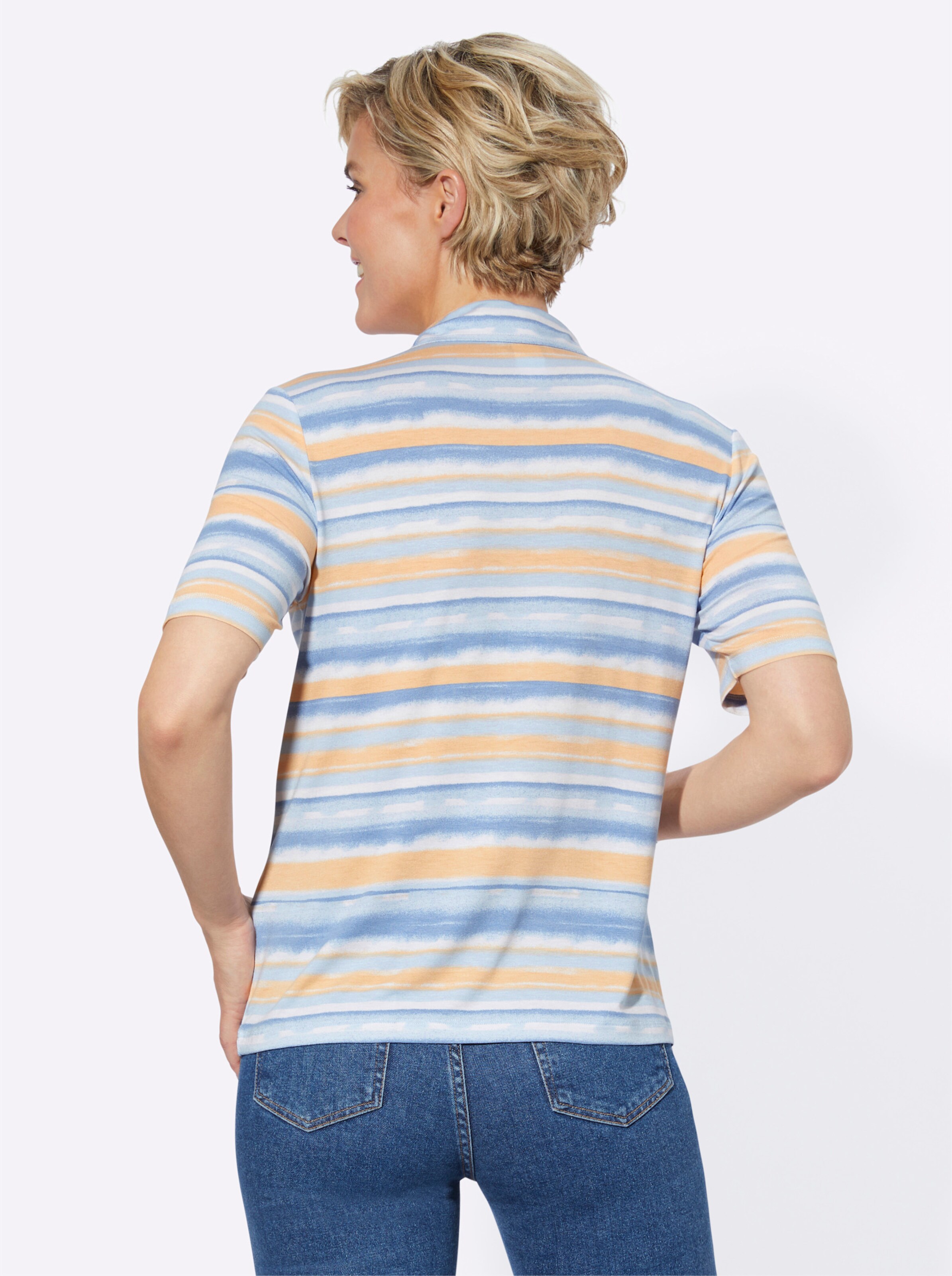 Poloshirt in eisblau-apricot-geringelt