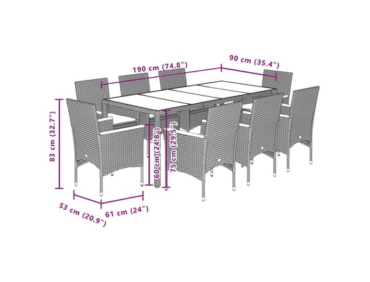 VIDAXL - Ensemble table et chaises Ensemble à manger de jardin et coussins 9 pcs beige rotin ve...