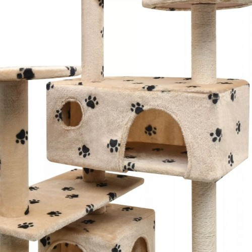 Arranhador bege para gatos com estampa de sisal e pegadas.