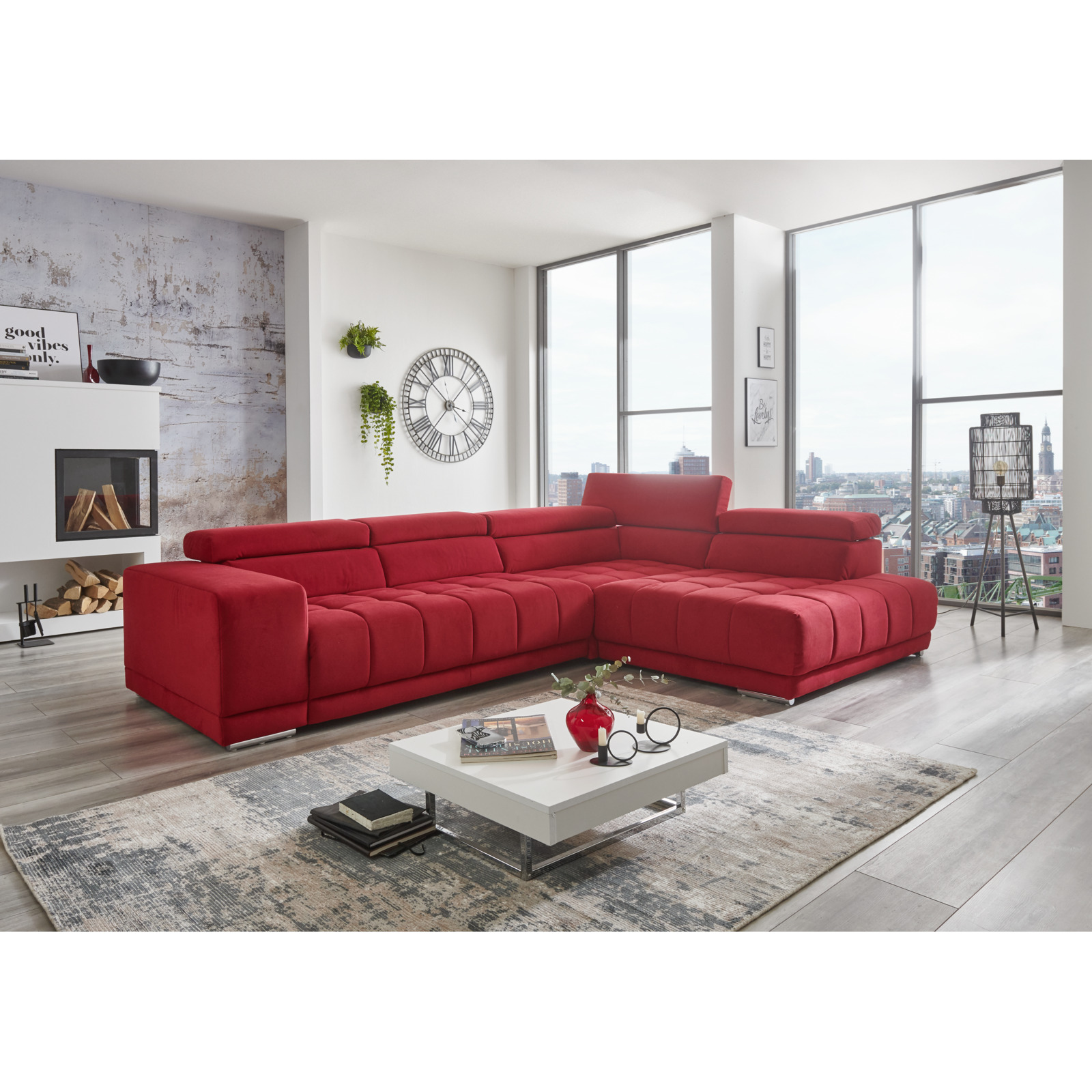 Ecksofa Scarlet Stoff rot, Ottomane rechts