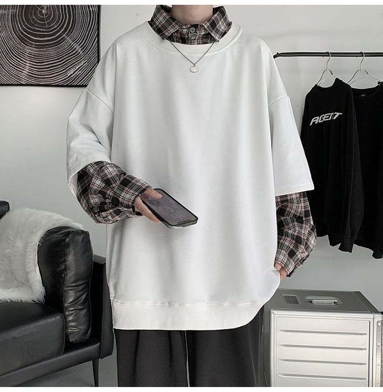 Cowpow - Sweatshirt met kraag en imitatie-tweedelig geruit paneel
