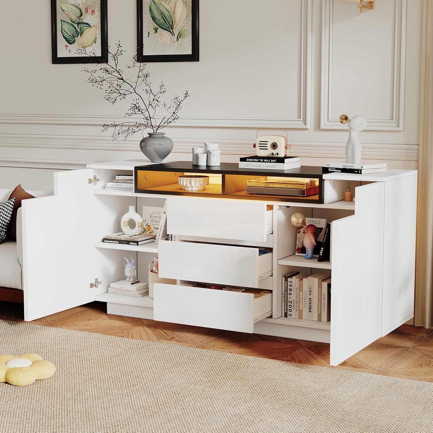 ModernLuxe LED Sideboard Hochglanz Kommode 140x40x68cm,3 Schubladen und 2 L-Türen, Wohnzimmer Sideboard Weiß Schwarz mit Verstellbaren Regalen