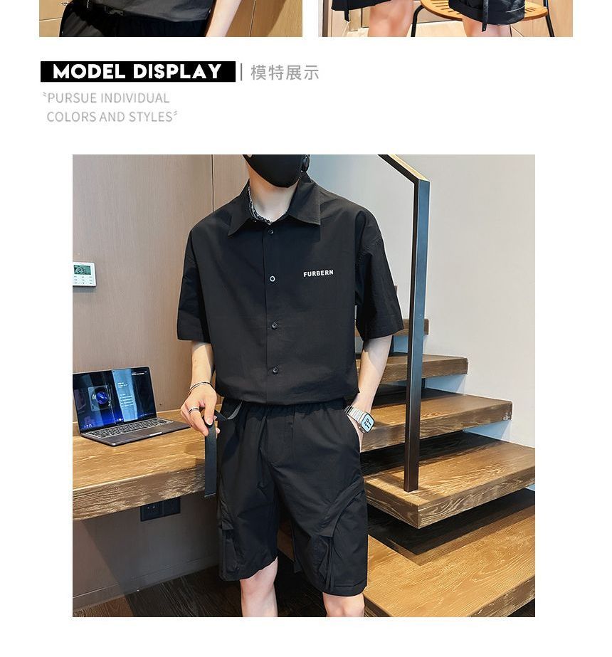 Andrei - Set: Shirt met korte mouwen en tekstprint + Cargo Shorts met elastische taille