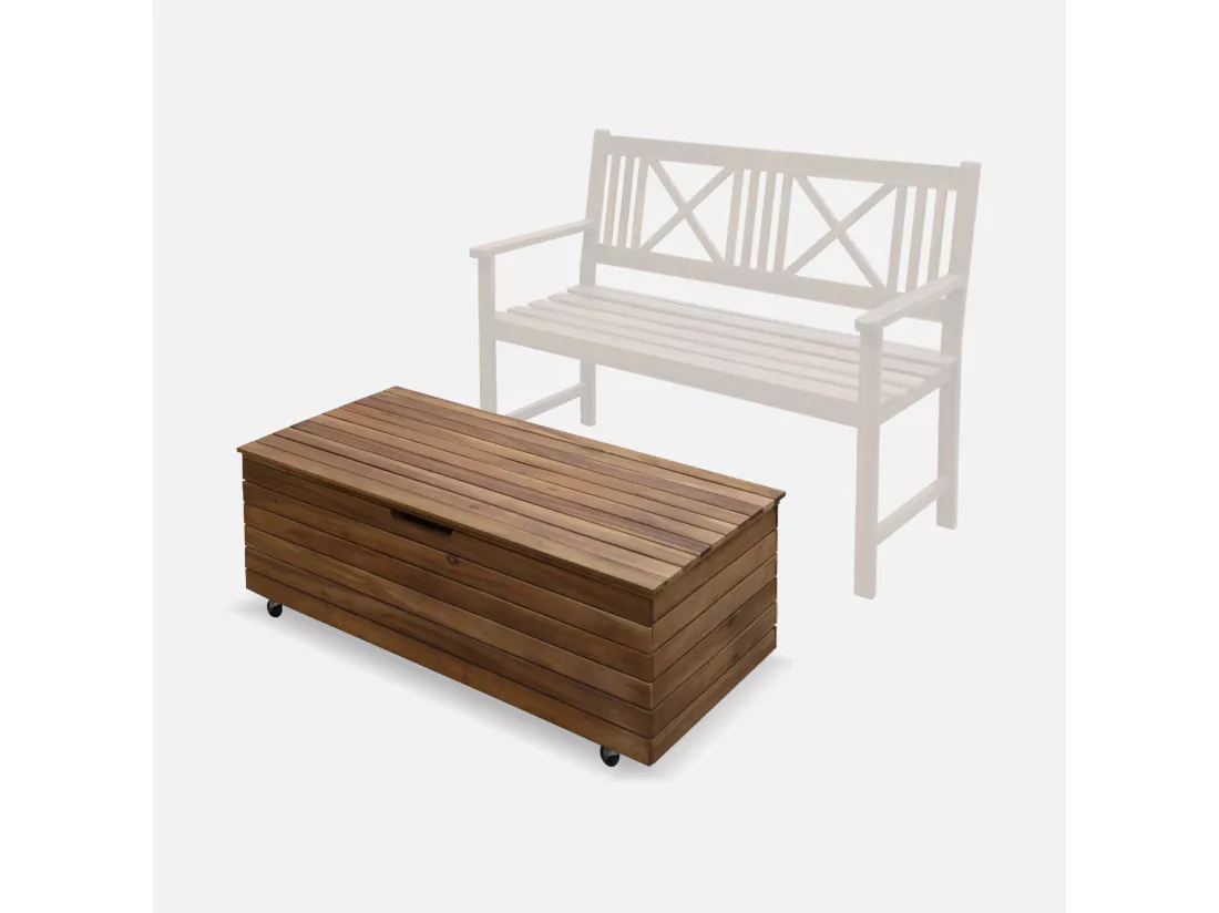 Coffre de jardin en bois - Saragosse - 130L. rangement coussins 107x48.5cm avec vérins et roulettes