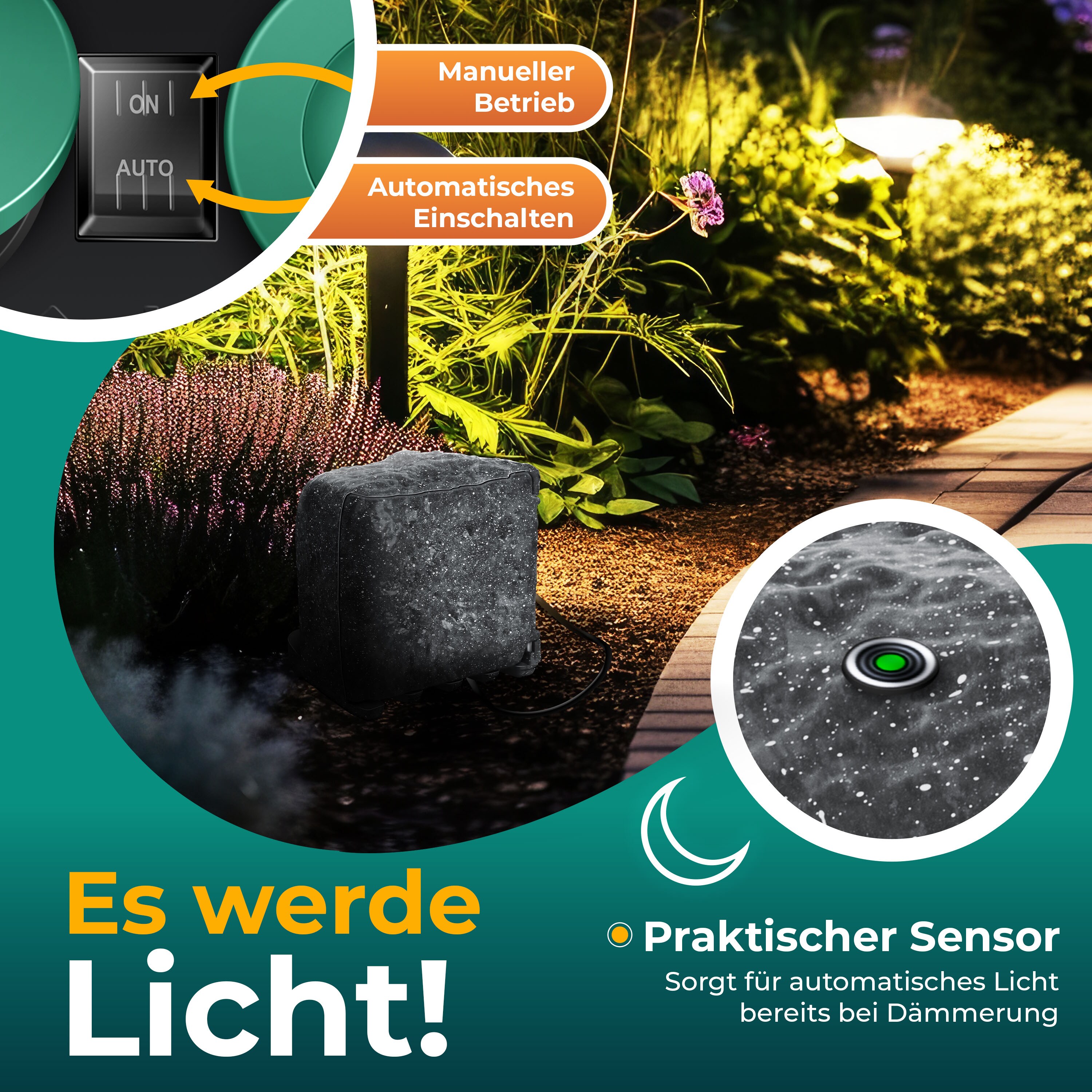 KESSER® Gartensteckdose Steinoptik mit 4 Steckplätzen Inkl.Erdspieß, Mehrfachsteckdosen aussen mit 3m Verlängerungskabel Außensteckdose IP44 Wasserdicht Steinsteckdose mit ON/Auto Dämmerungssensor