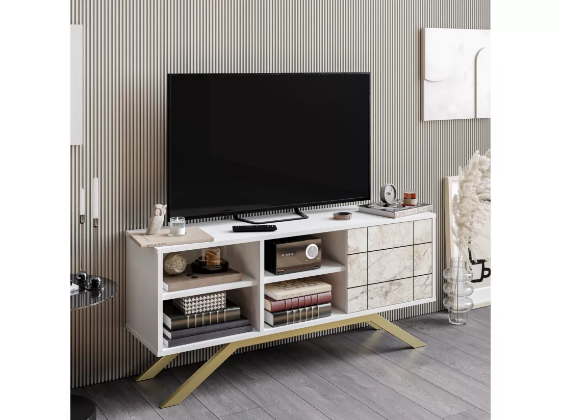Meuble TV North 130 cm avec cabinet et étagès, pieds en métal (Blanc, Effet marbre blanc et Doré)