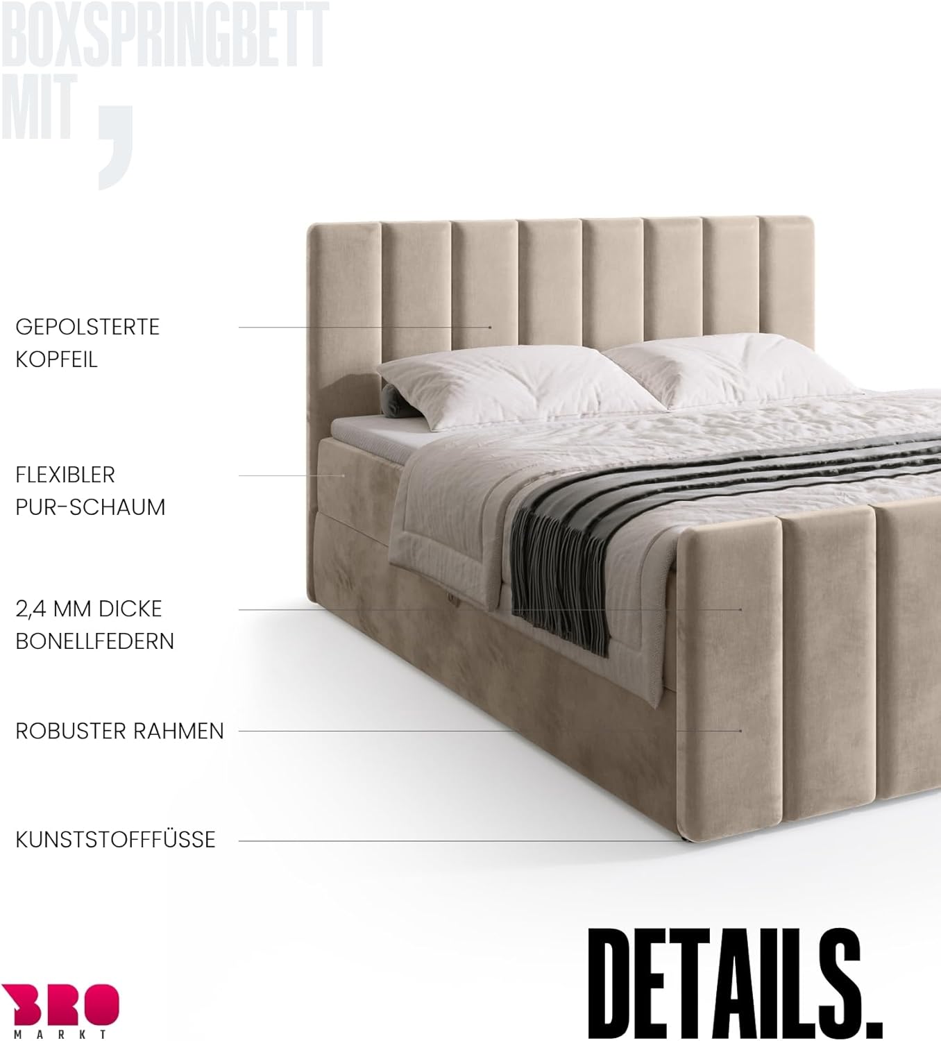 BROMARKT Boxspringbett mit Matratze Bett 180x200 Beige Doppelbett mit Topper Boxbett mit Stauraum Polsterbett mit Bettkasten Kopfteil Denver Duo Härtegrad H3
