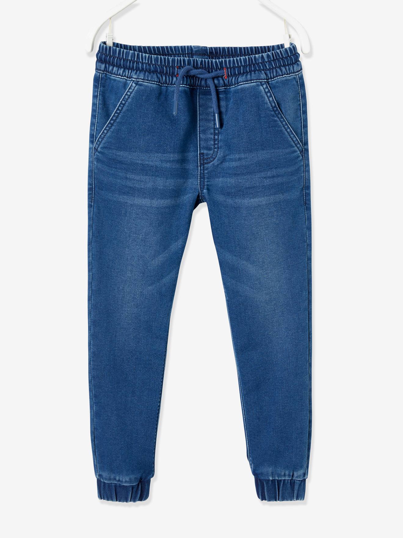 Calças de moletom azul-escuro com efeito fleece, fáceis de vestir, para meninos, com efeito jeans.