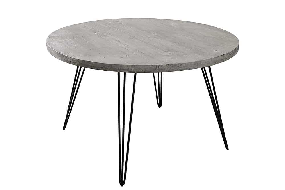 Runder Esstisch SCORPION 120cm grau Mangoholz massiv schwarze Metallbeine Hairpin Legs