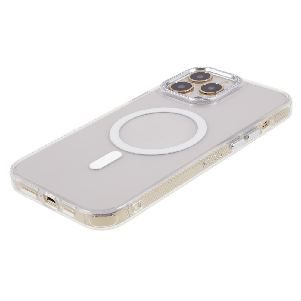 iPhone 14 Pro Max MagSafe Gummi Case Hülle mit Glitzer Aluminium Kameraschutz - Weiss / Transparent