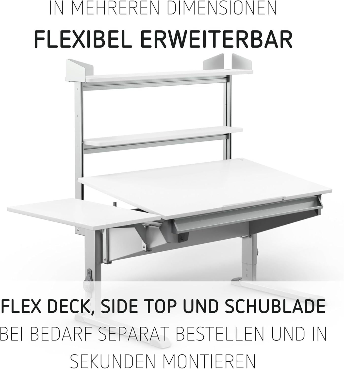 Moll Sprinter CP Kinderschreibtisch höhenverstellbar | mitwachsend, ergonomisch & neigbar für aufrechtes Sitzen | ideal für Schulkinder | Schreibtisch weiß optional mit Schublade | Made in Germany