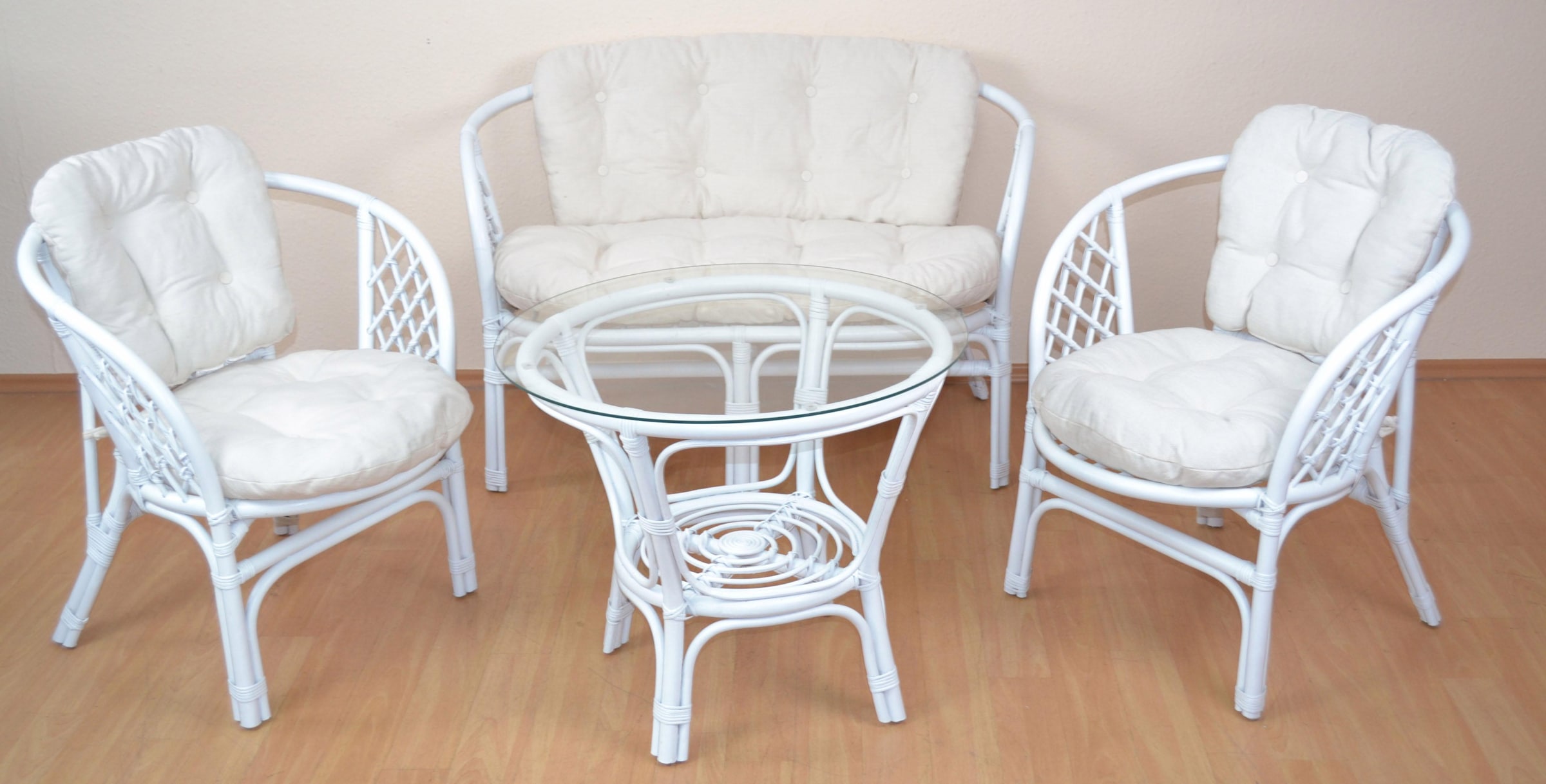 Home affaire Essgruppe Set, 4 Stk. tlg. aus handgeflochtenem Rattan mit passenden Kissenauflagen