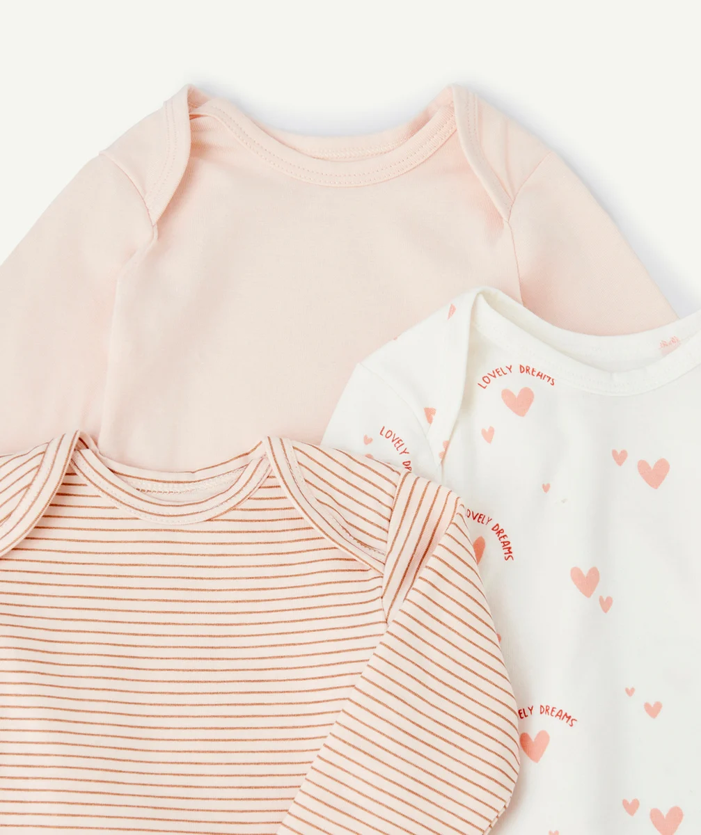LOT DE 3 BODIES BÉBÉ EN COTON BIO BLANC ET ROSE UNIS ET IMPRIMÉS