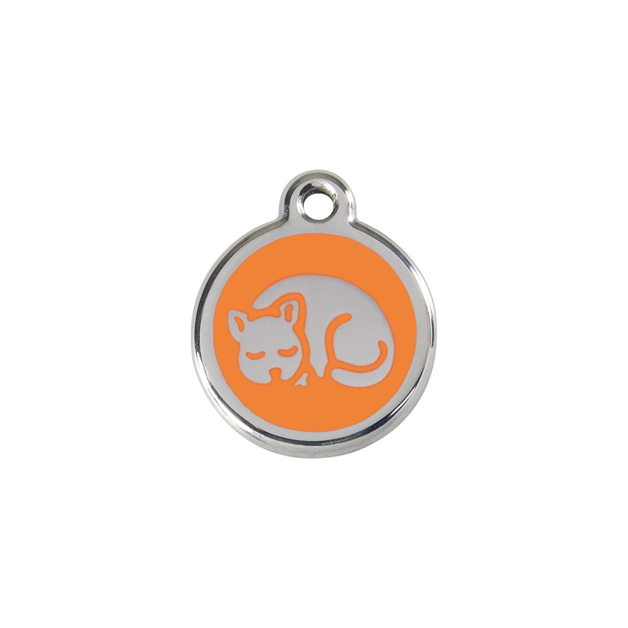 Etiqueta de identificação para gatinhos em aço inoxidável esmaltado laranja.