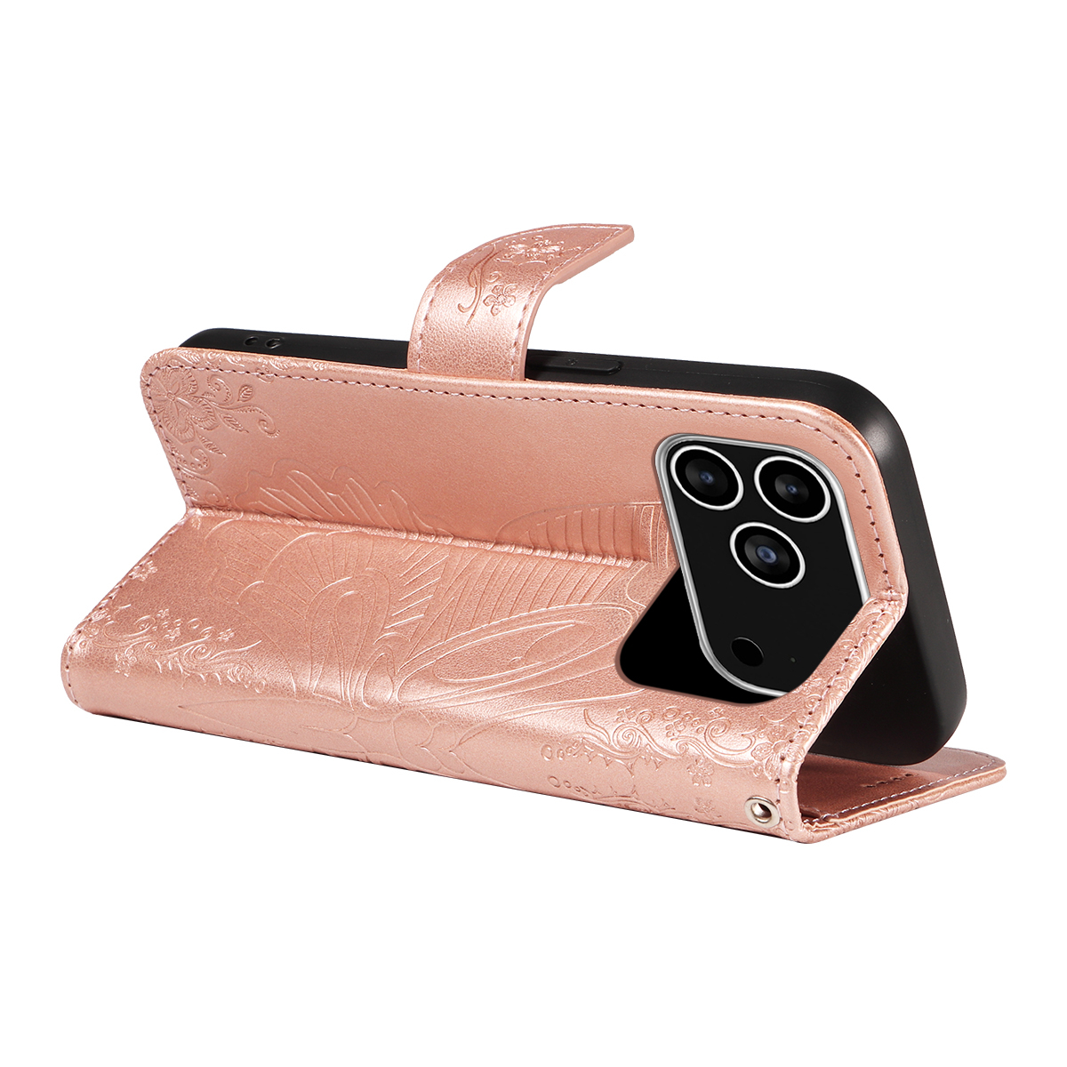 iPhone 17 Pro Leder Tasche Flip Cover Schmetterlinge Imprint - Roségold
