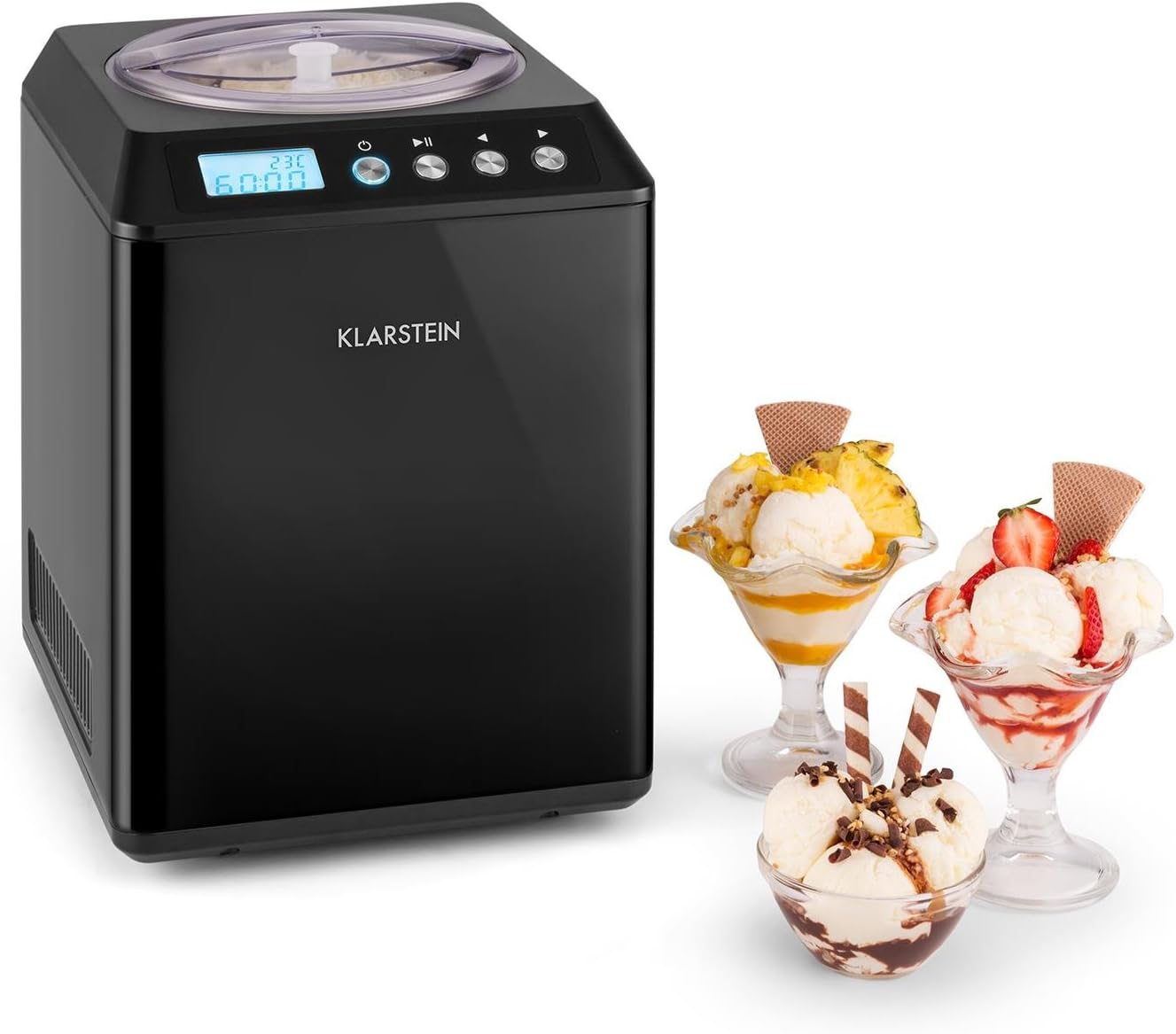 Klarstein Vanilla Sky Family - Eismaschine, Eisbereiter, Speiseeismaschine, Kühlhaltefunktion, LED-Display, Timer, Edelstahl, einfache Reinigung, 250 Watt, 2,5 Liter Fassungsvermögen, Schwarz
