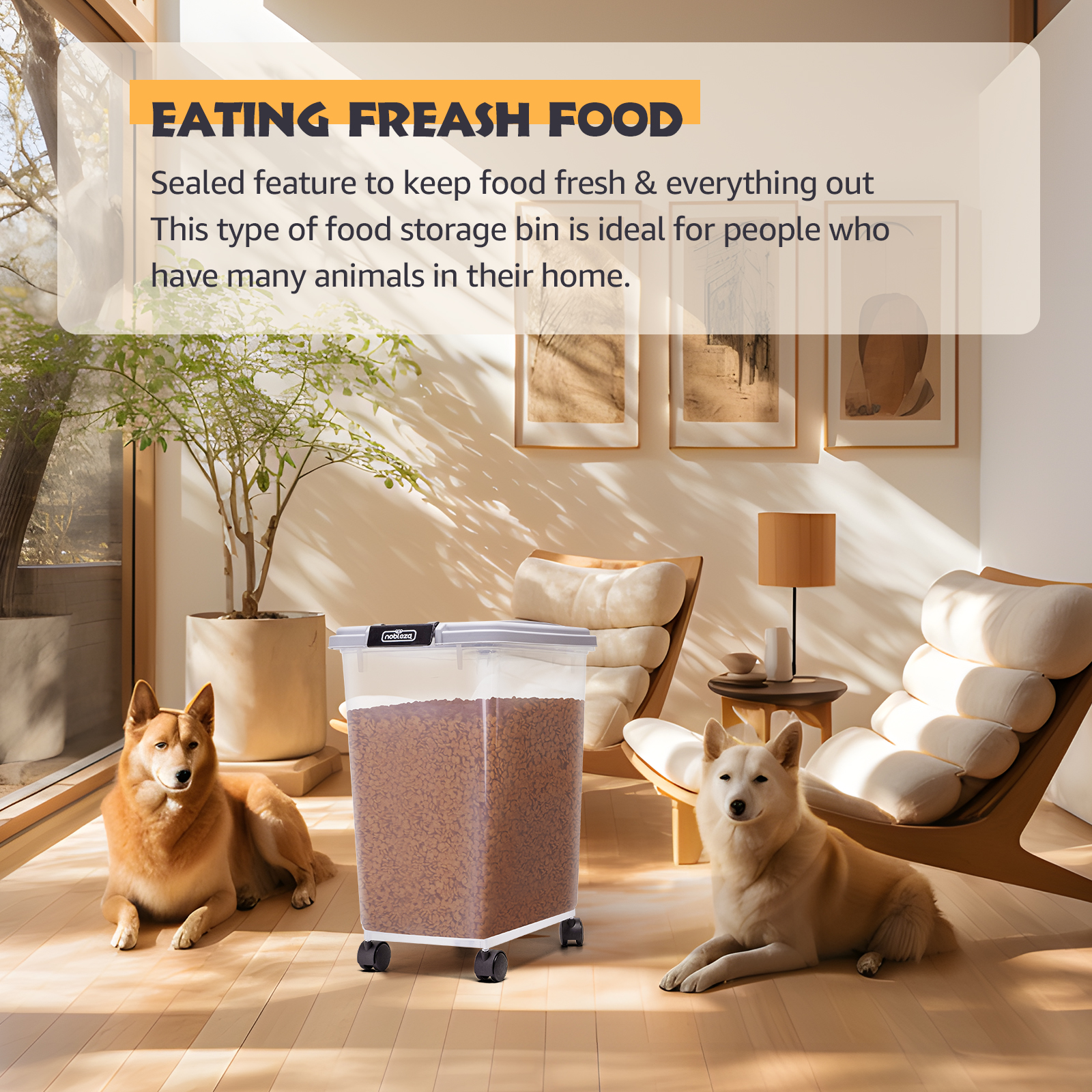 Nobleza - Recipiente para Ração de Animais de Estimação, 40L, Caixa para Ração com Rodas, Tampa Articulada, Hermética, Transparente, com Rodas e Pá, para Ração de Cães e Gatos, Cinza