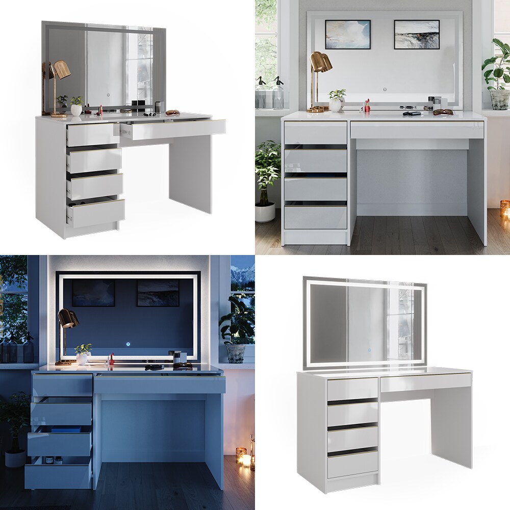 Vicco Schminktisch Sherry Weiß Hochglanz Gold 120 x 75 cm 5 Schubladen LED-Spiegel