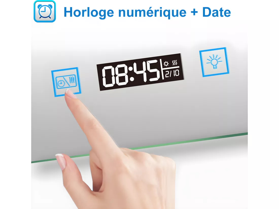 Miroir salle de bain 120x70cm avec 3 couleurs+dimmable+anti-buée+grossissant+Horloge Aica