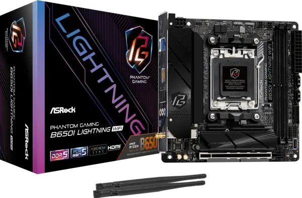 ASRock Phantom Gaming B650I Lightning WiFi - Bundkort - mini ITX - Socket AM5 - AMD B650 Chipset - USB-C 3.2 Gen2, USB-C 3.2 Gen 1, USB 3.2 Gen 2, USB 3.2 Gen 1 - 2.5 Gigabit LAN, Wi-Fi 6E, Bluetooth - onboard grafik (CPU påkrævet) - HD Audio (8-kana