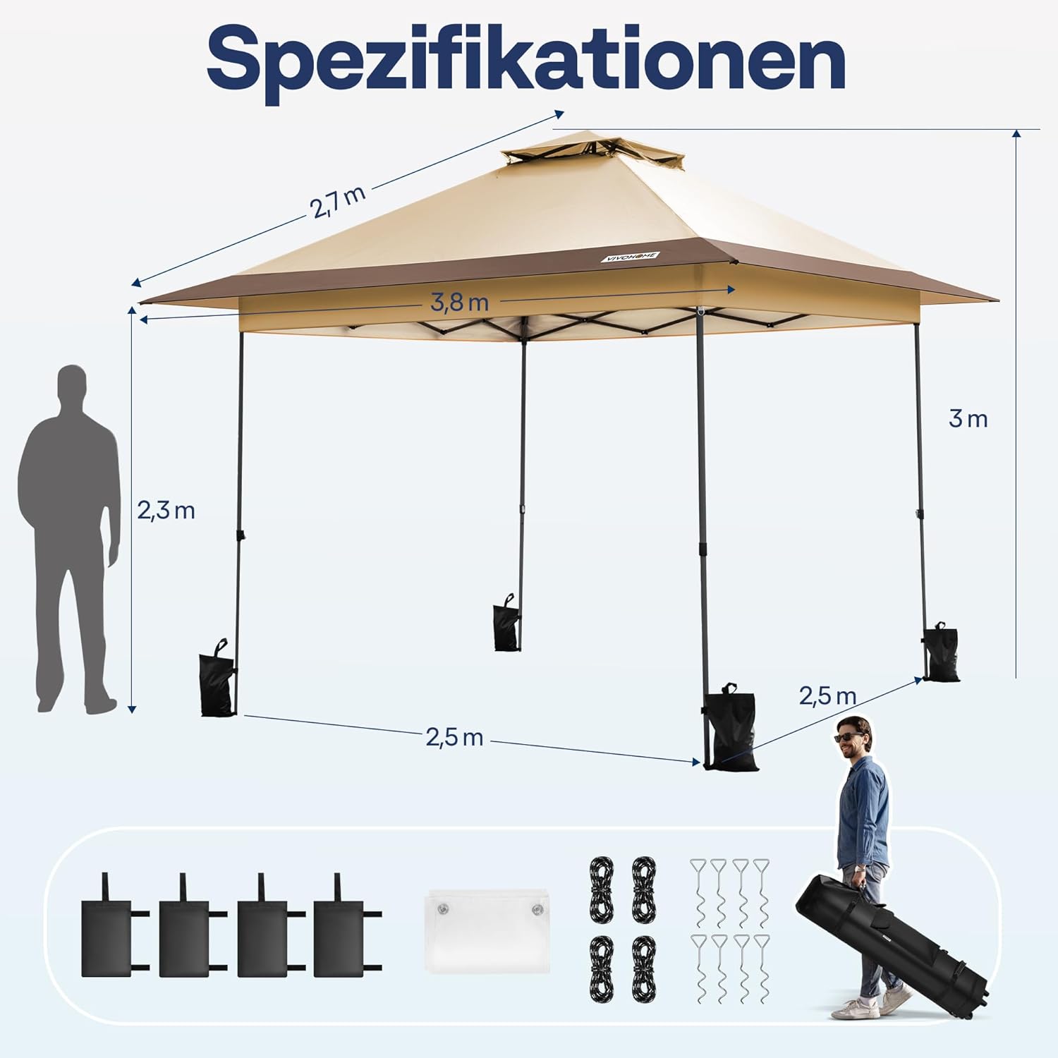 VIVOHOME Pavillon 4x4m Doppelschichtdach mit Rolltasche und 4 Sandsäcken 2 Ebenen tragbares Zelt für Terrasse Garten Hinterhof