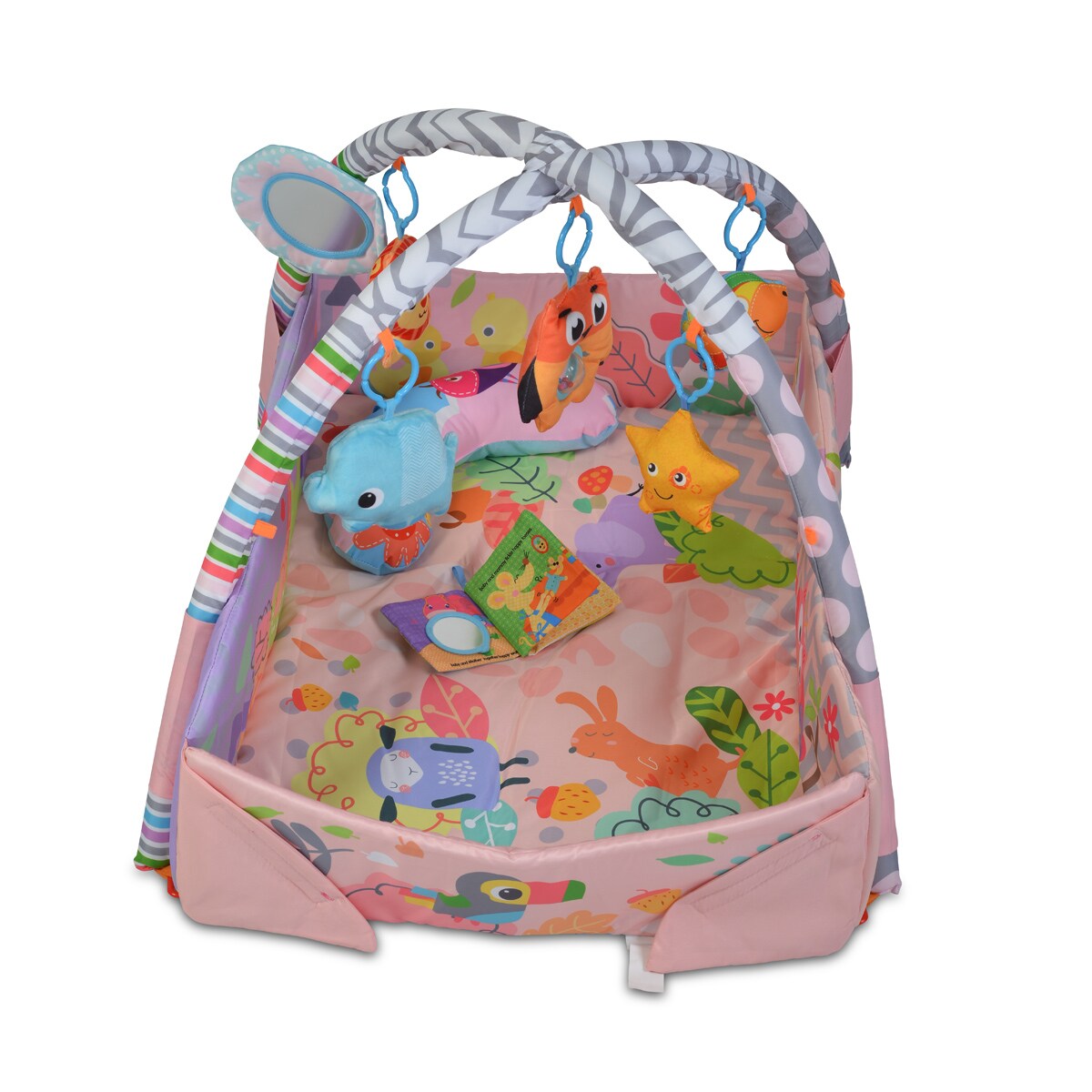 Moni Spielcenter 2 in 1 Oase Krabbeldecke Kissen Spielbogen Spielzeuge Bällebad pink
