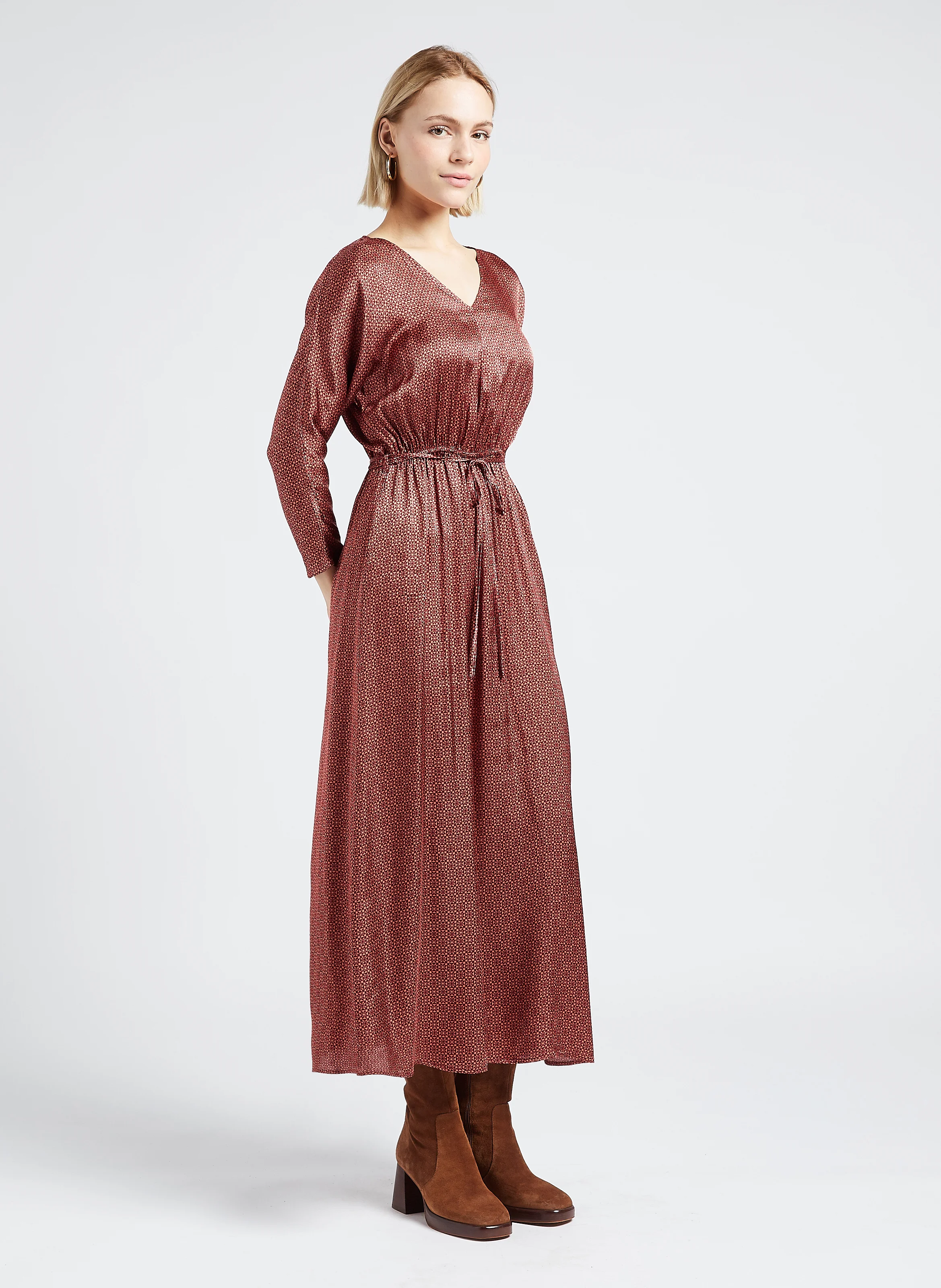 LUNA - Robe midi col V imprimée| Doré
