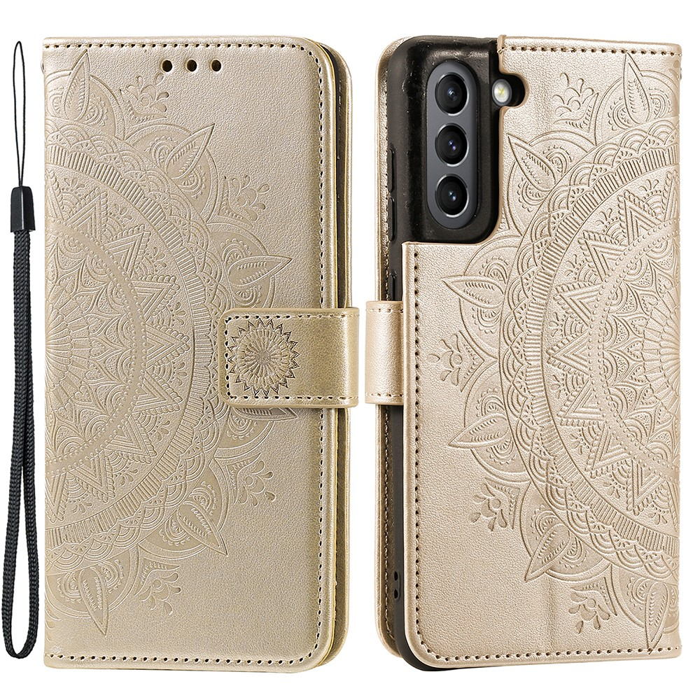 Samsung Galaxy S21 FE 5G Leder Tasche Wallet - Mandala Flowers Imprint - Gold