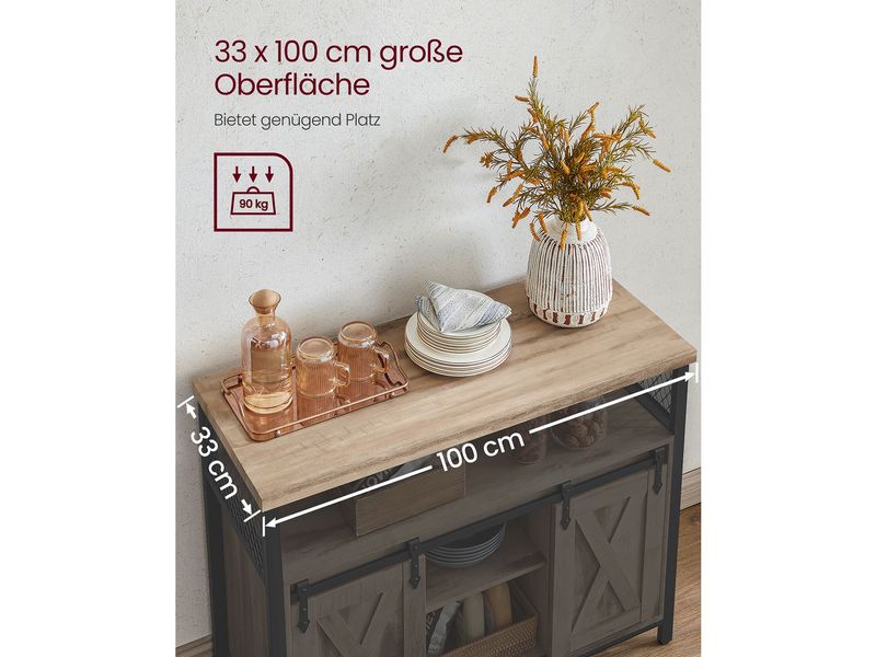 VASAGLE Kommode 100 x 80 cm, Braun/Schwarz Aufbewahrungsschrank mit Schiebetüren