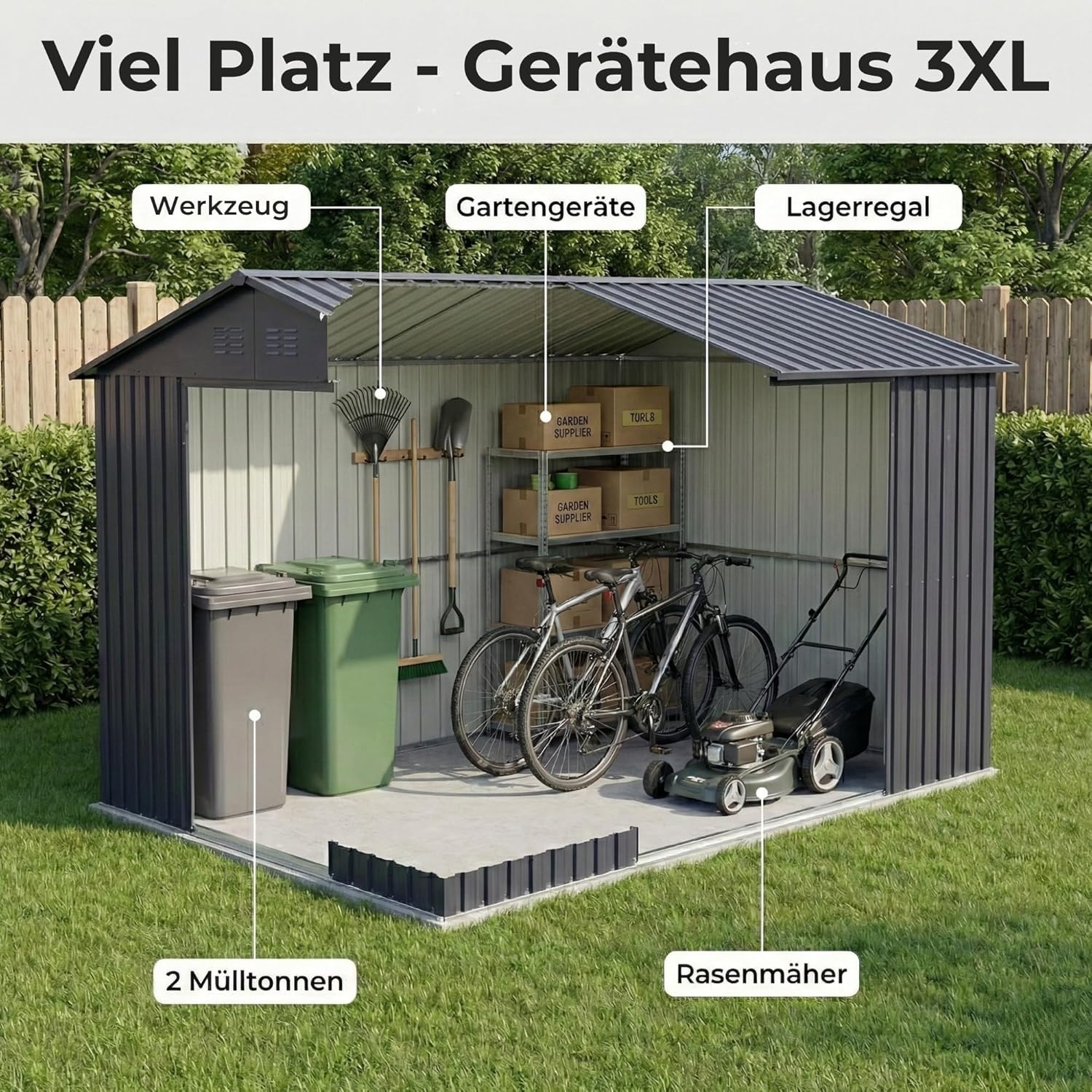 Albatros Gerätehaus 3XL | Anthrazit RAL 7016 | 371x304x201cm (22,6m³) | abschließbar inkl. Schloss & Werkzeughaken | Gartenhaus aus verzinktem wetterfestem Metall | Geräteschuppen Gartenschrank